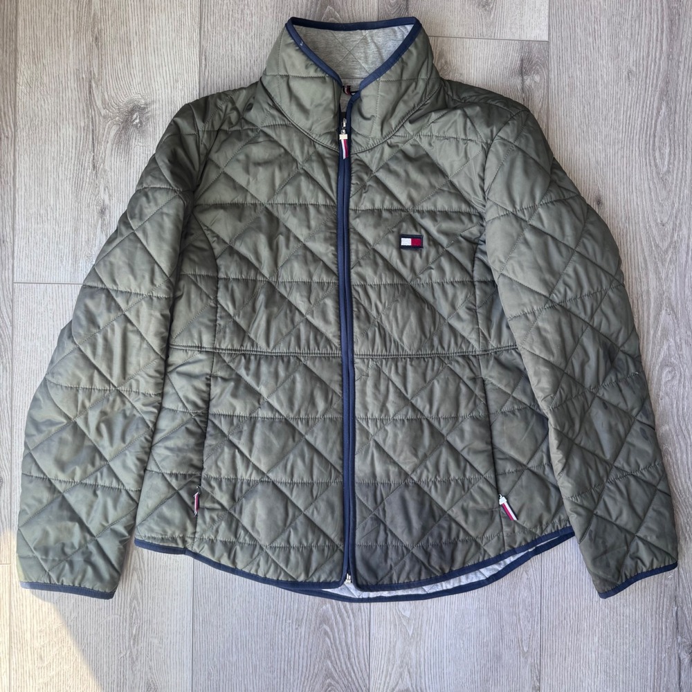 Tommy Hilfiger Womens Olive Green Quilted Zip Up Jacket Large Navy Trim